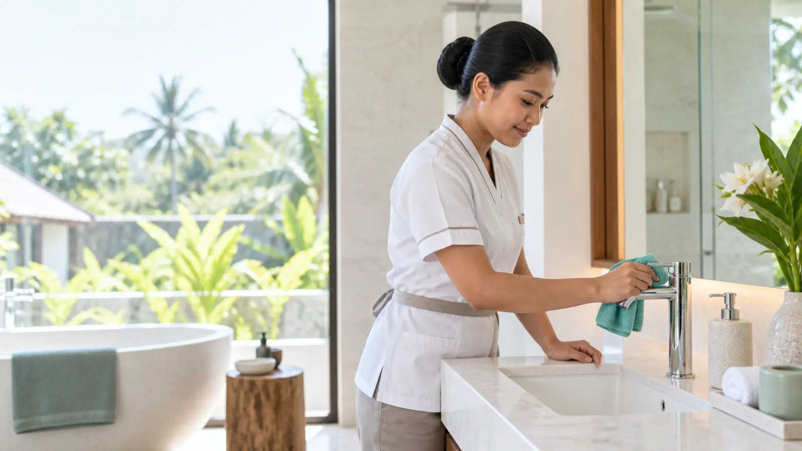 Petugas cleaning profesional membersihkan keran stainless steel di villa Bali
